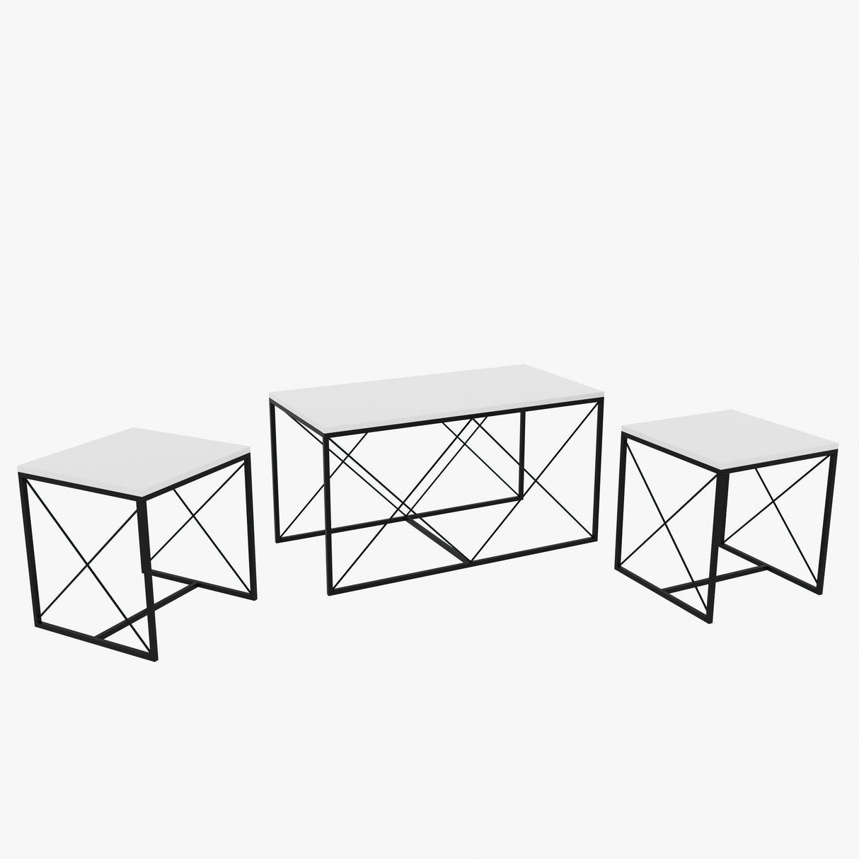Set 3  masute de cafea Defne, Stejar - Alb - Galben - Crem - Negru - Gri, 100 x 52 x 50 cm - Alb, SKU 854KLN2904