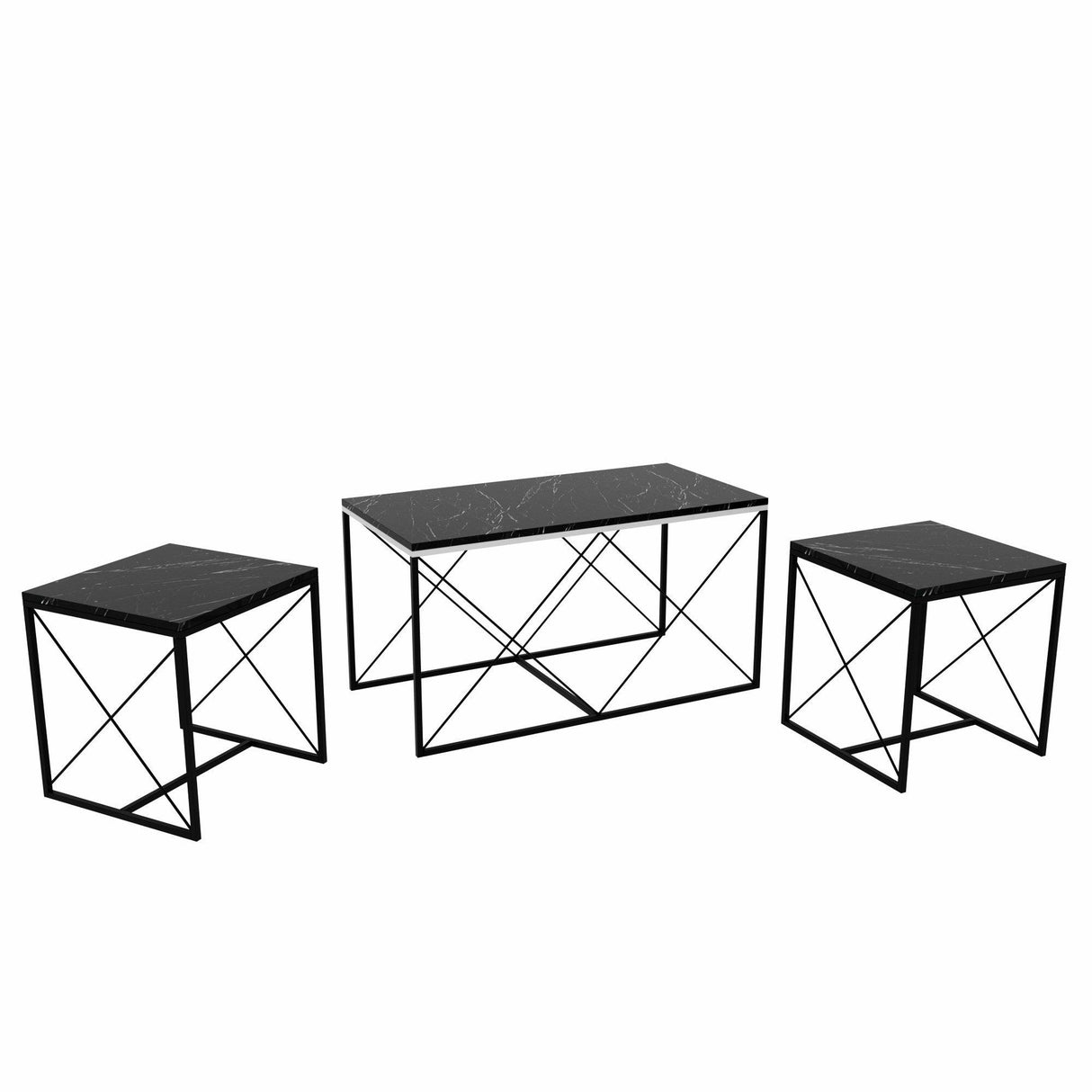 Set 3  masute de cafea Defne, Stejar - Alb - Galben - Crem - Negru - Gri, 100 x 52 x 50 cm - Negru, SKU 854KLN2904