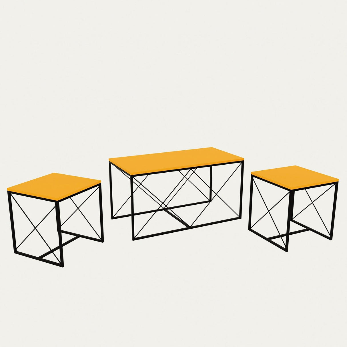 Set 3  masute de cafea Defne, Stejar - Alb - Galben - Crem - Negru - Gri, 100 x 52 x 50 cm - Galben, SKU 854KLN2904