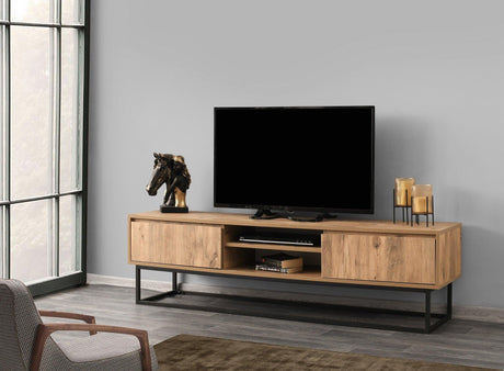 COMODA TV Zealot cu 2 Sertare si Rafturi, Lemn natural, 180 x 50 x 40 cm
