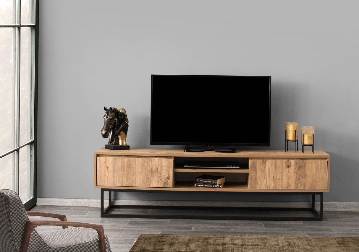 COMODA TV Zealot cu 2 Sertare si Rafturi, Lemn natural, 180 x 50 x 40 cm