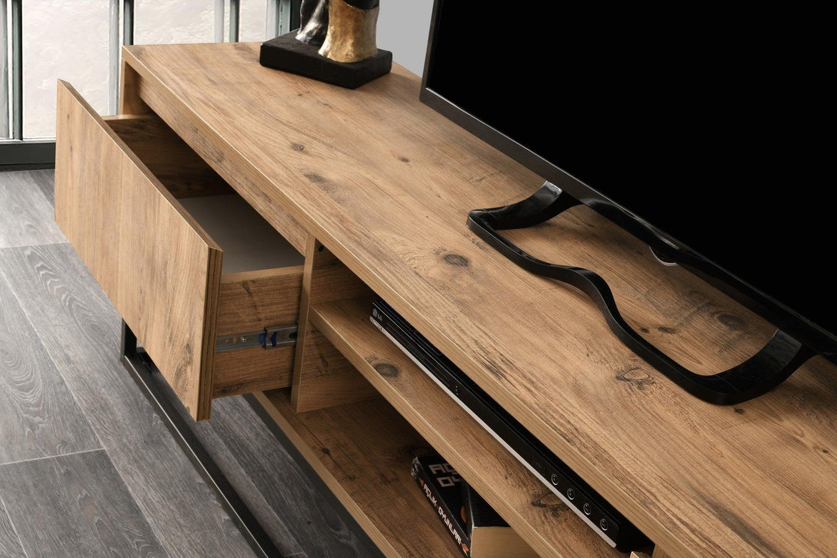 COMODA TV Zealot cu 2 Sertare si Rafturi, Lemn natural, 180 x 50 x 40 cm