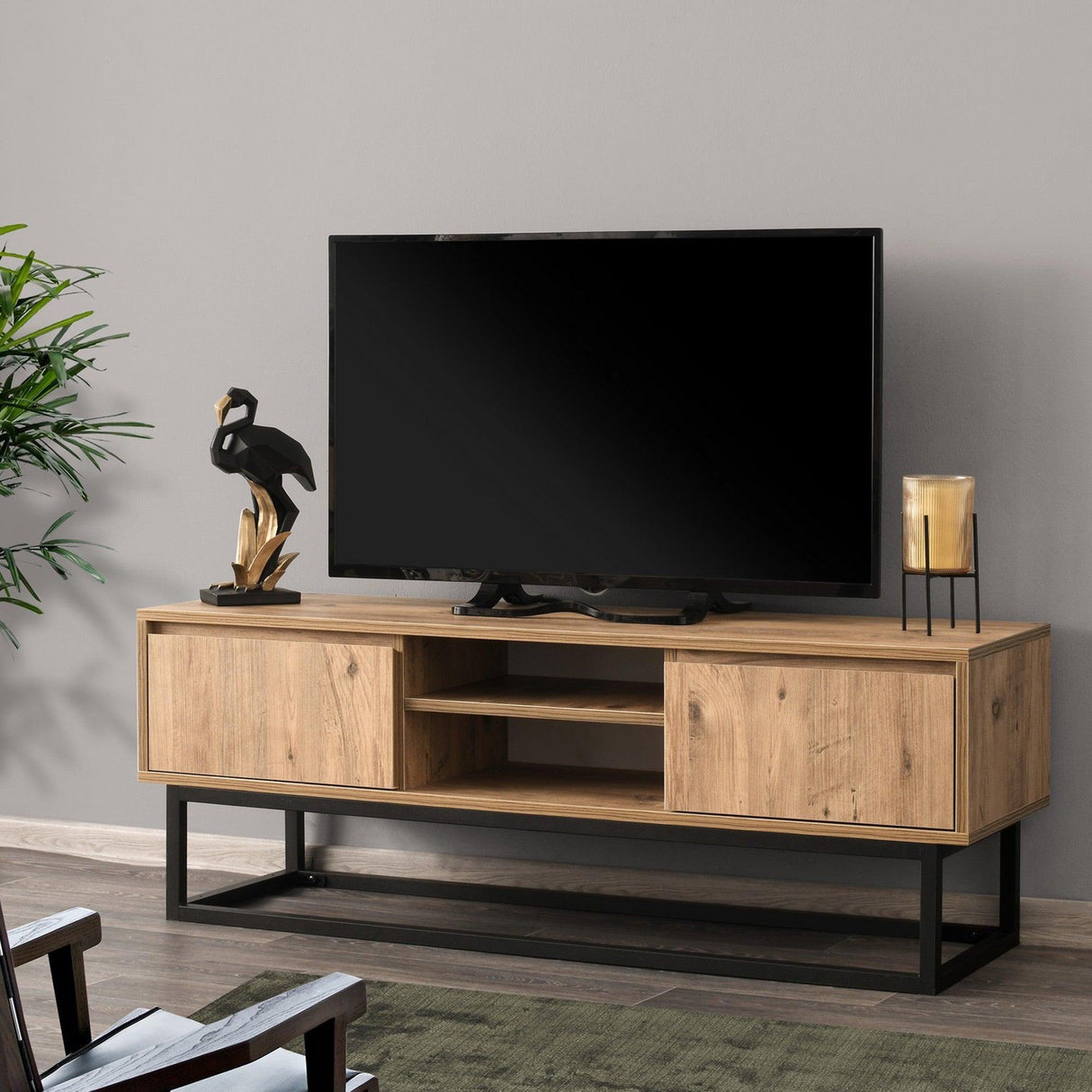 Comoda TV Belinda 140, Stejar  Negru, 140 x 50 x 40 cm