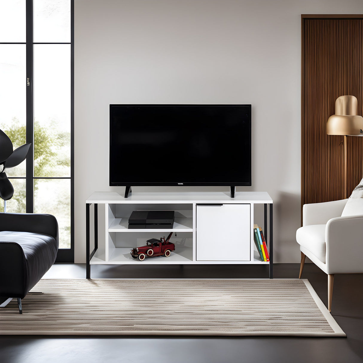 Comodă TV Bond, Diverse culori, 120x35x48 cm - Alb - Negru | SKU: 854KLN3065 | Comodă TV Bond, 120x35x48 cm, varianta Alb - Negru, produs pentru amenajarea locuinței, disponibil online în România la CasaMob