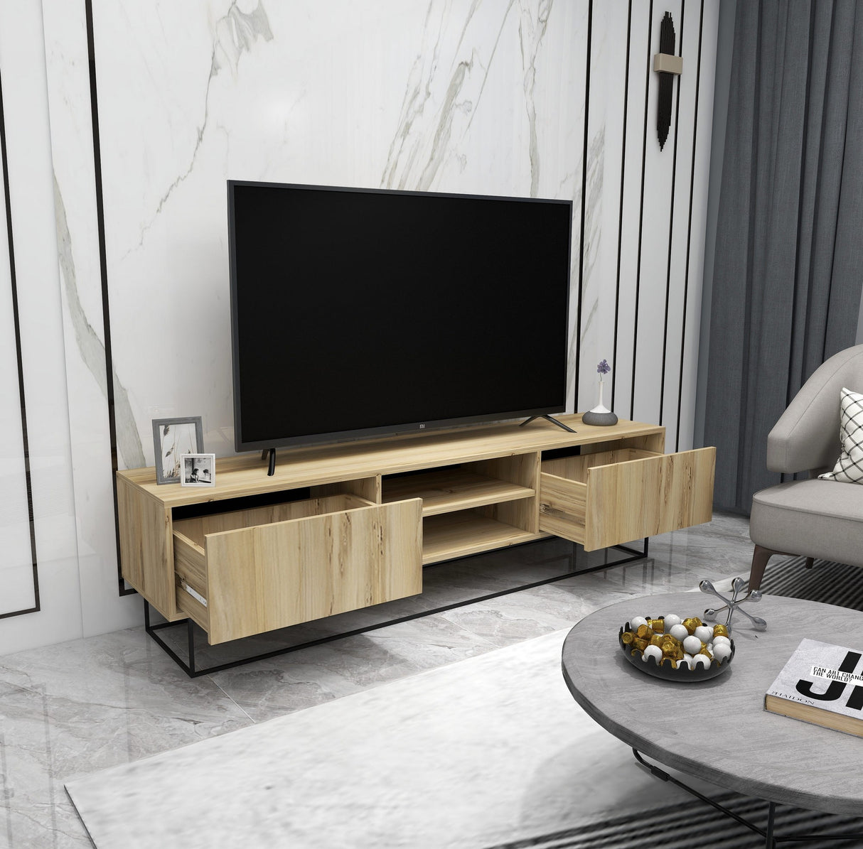 Comodă TV Escape 180, Felt - Negru, 180x40x50 cm