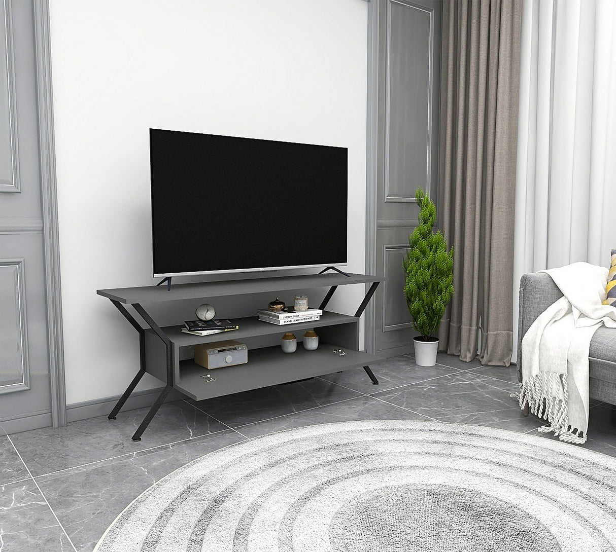 Comodă TV Tarz, Diverse culori, Diverse dimensiuni - Antracit - Negru - 124x35x54 cm | SKU: 854KLN3078 | Comodă TV Tarz, varianta Antracit - Negru - 124x35x54 cm, produs pentru amenajarea locuinței, disponibil online în România la CasaMob