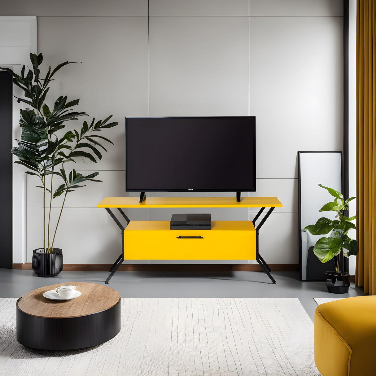 Comodă TV Tarz, Diverse culori, Diverse dimensiuni - Galben - Negru - 125x35x54 cm | SKU: 854KLN3081 | Comodă TV Tarz, varianta Galben - Negru - 125x35x54 cm, produs pentru amenajarea locuinței, disponibil online în România la CasaMob