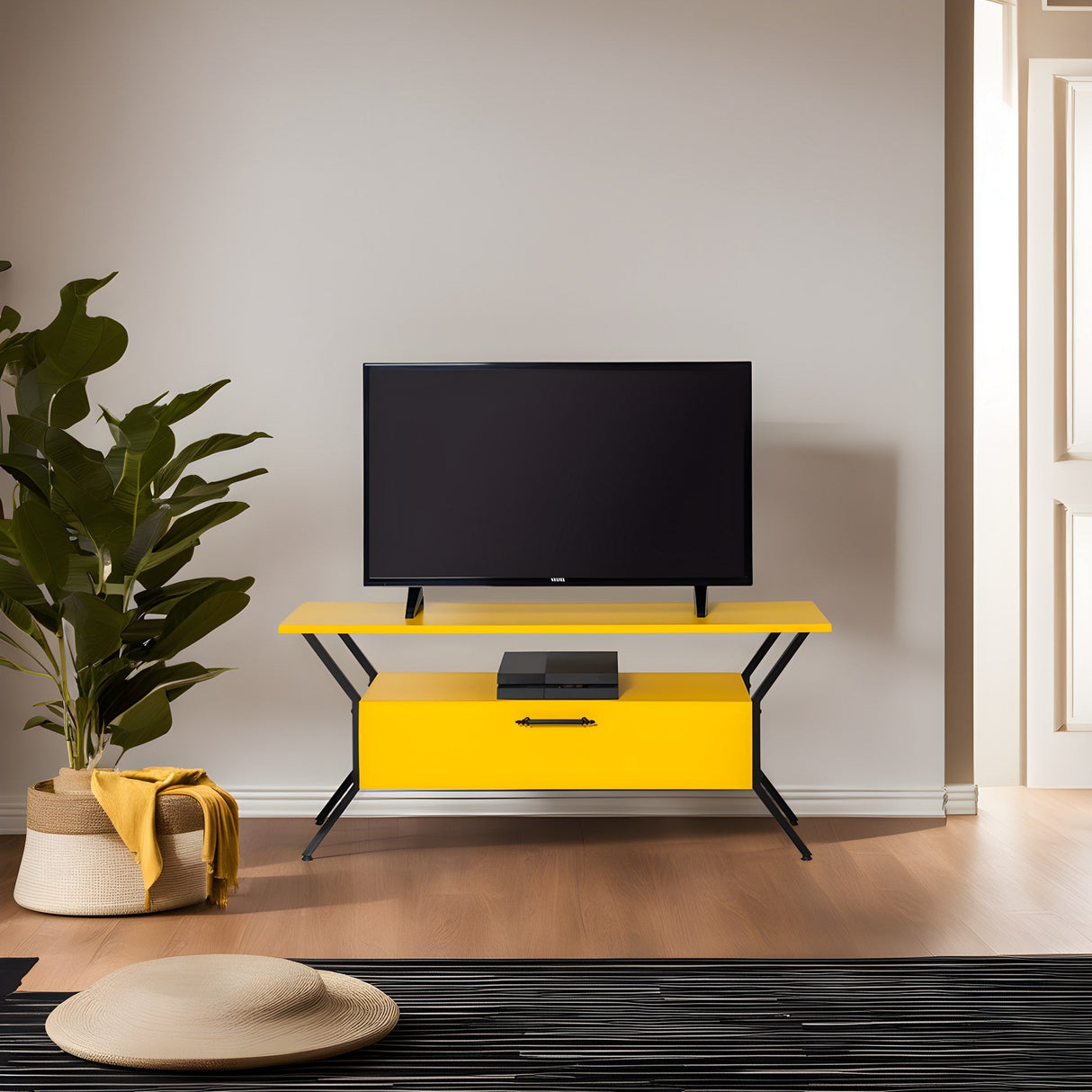Comodă TV Tarz, Diverse culori, Diverse dimensiuni - Galben - Negru - 125x35x54 cm | SKU: 854KLN3081 | Comodă TV Tarz, varianta Galben - Negru - 125x35x54 cm, produs pentru amenajarea locuinței, disponibil online în România la CasaMob