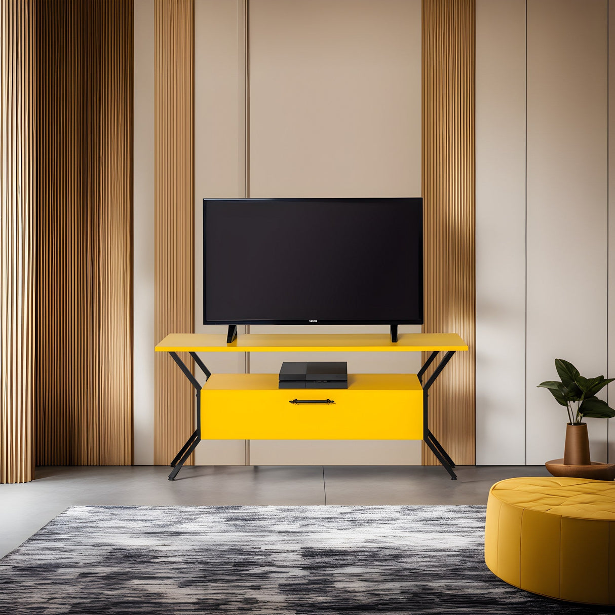 Comodă TV Tarz, Diverse culori, Diverse dimensiuni - Galben - Negru - 125x35x54 cm | SKU: 854KLN3081 | Comodă TV Tarz, varianta Galben - Negru - 125x35x54 cm, produs pentru amenajarea locuinței, disponibil online în România la CasaMob
