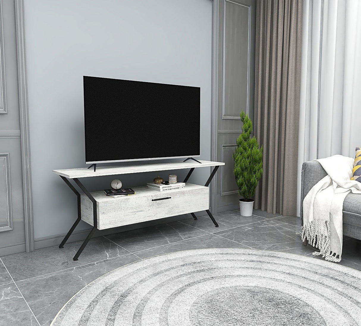 Comodă TV Tarz - Crystal, Gri - Negru, 124x35x54 cm