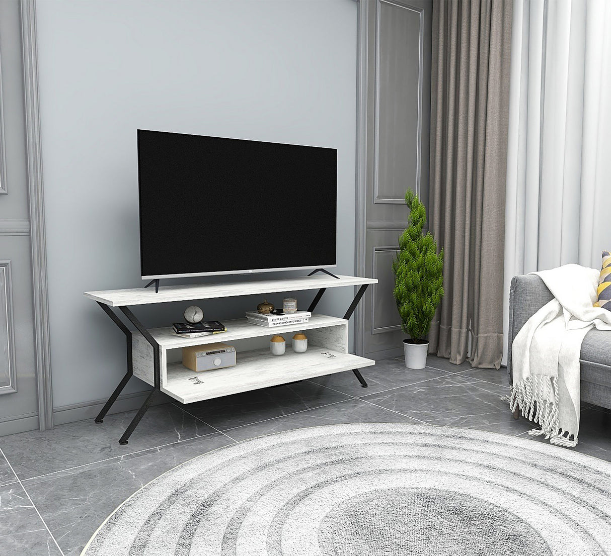 Comodă TV Tarz - Crystal, Gri - Negru, 124x35x54 cm