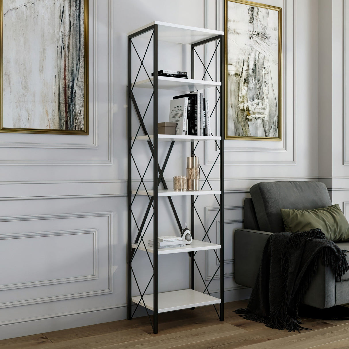 Bibliotecă Suadiye, Diverse culori, 50x30x180 cm - Alb - Negru | SKU: 854KLN3614 | Bibliotecă Suadiye, 50x30x180 cm, varianta Alb - Negru, produs pentru amenajarea locuinței, disponibil online în România la CasaMob