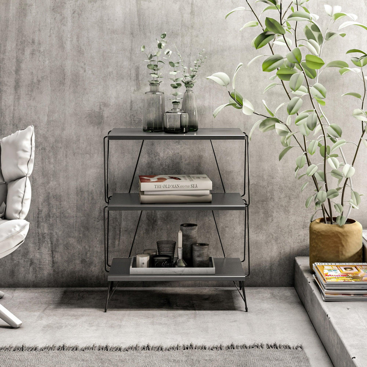 Masuta Cafea Lateral Lazandos, Alb - Gri - Stejar, 46x30x76 cm - Gri, SKU 854KLN4319