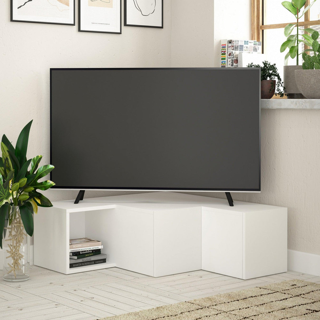 Comoda Tv Trepte cu sertare ascunse , Alb, 90 x 32 x 92 cm
