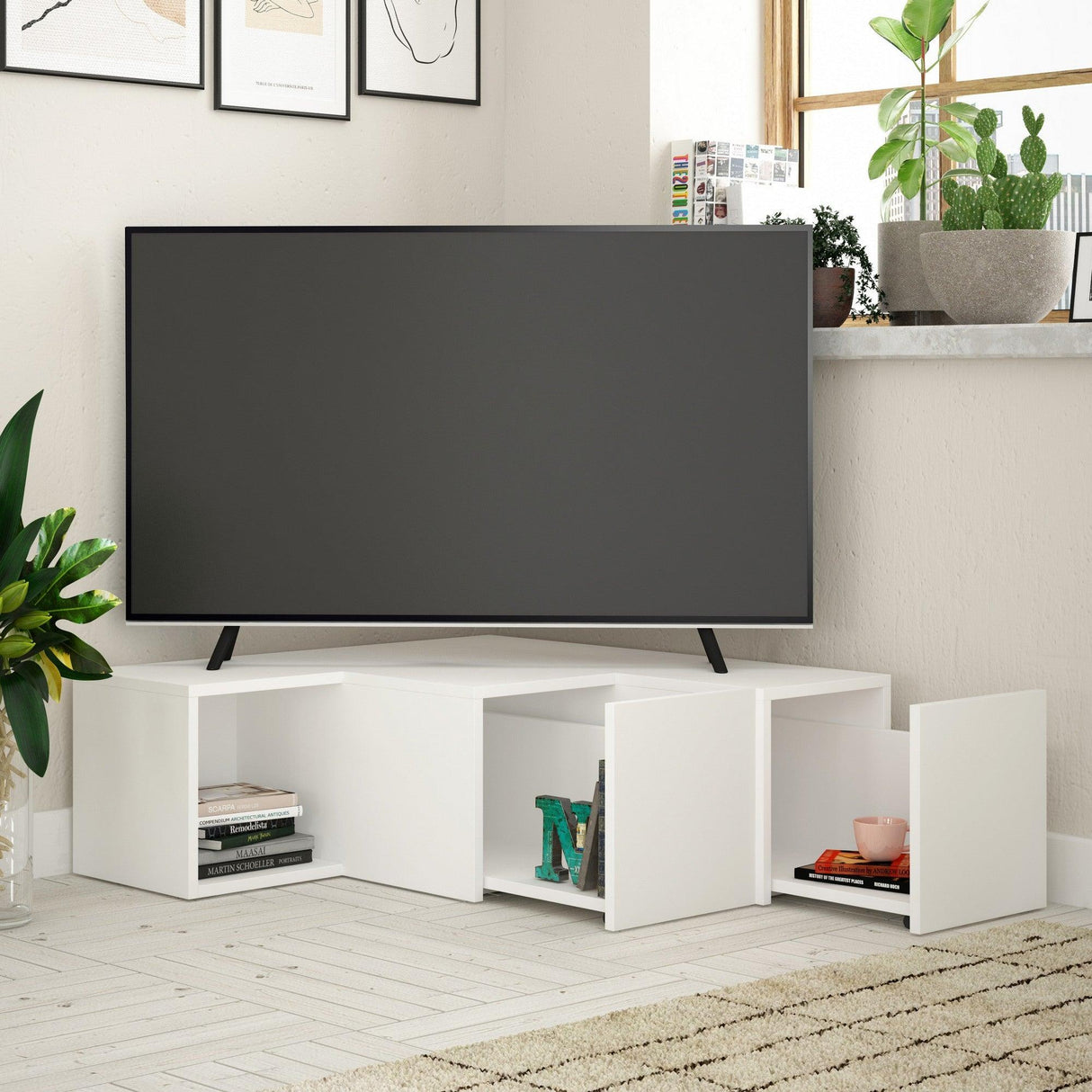 Comoda Tv Trepte cu sertare ascunse , Alb, 90 x 32 x 92 cm
