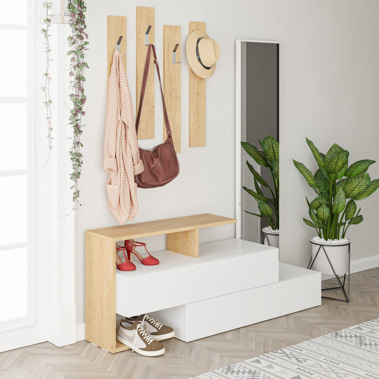 Cuier cu pantofar Alev cu 2 compartimenta, Alb Stejar, 137x35x54.5 cm