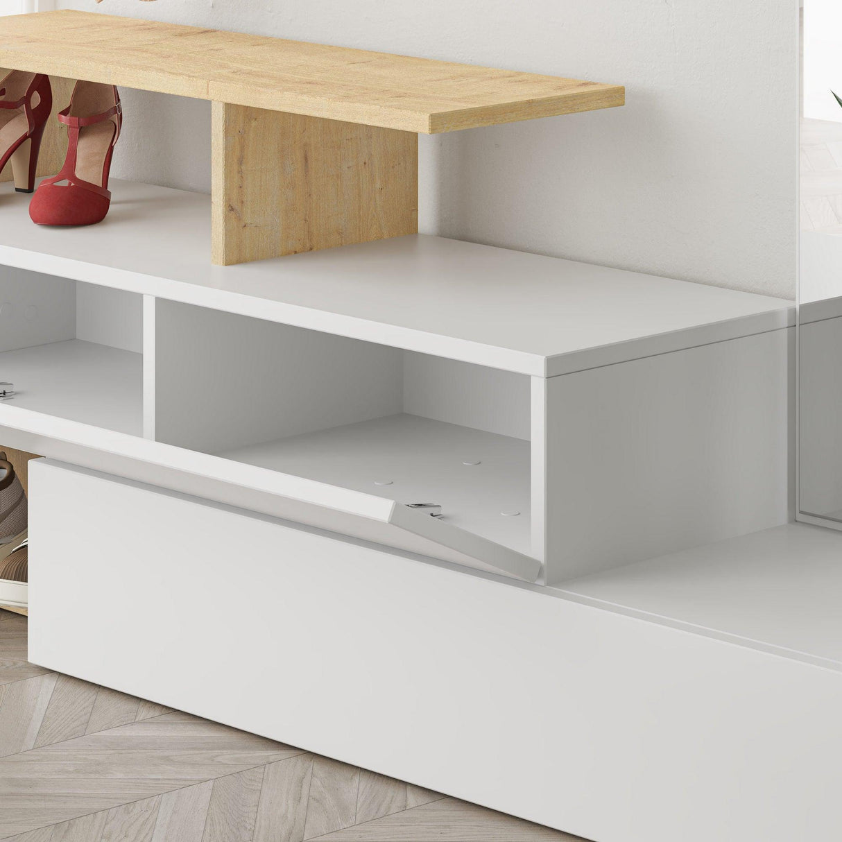 Cuier cu pantofar Alev cu 2 compartimenta, Alb Stejar, 137x35x54.5 cm