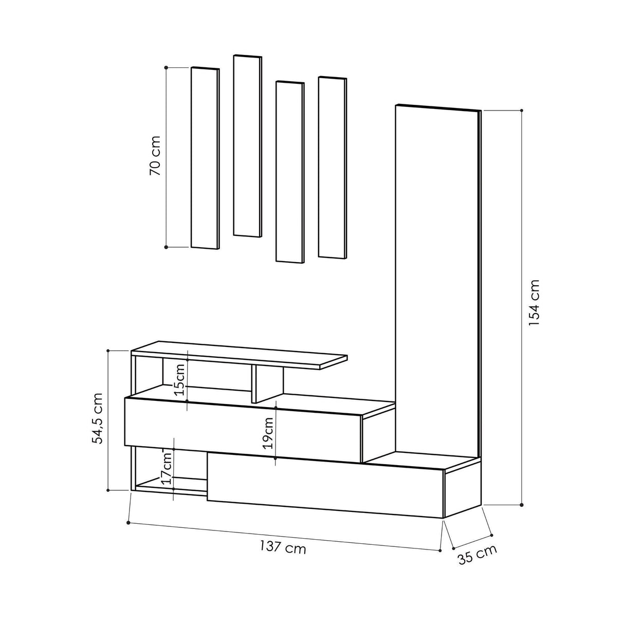 Cuier cu pantofar Alev cu 2 compartimenta, Alb Stejar, 137x35x54.5 cm