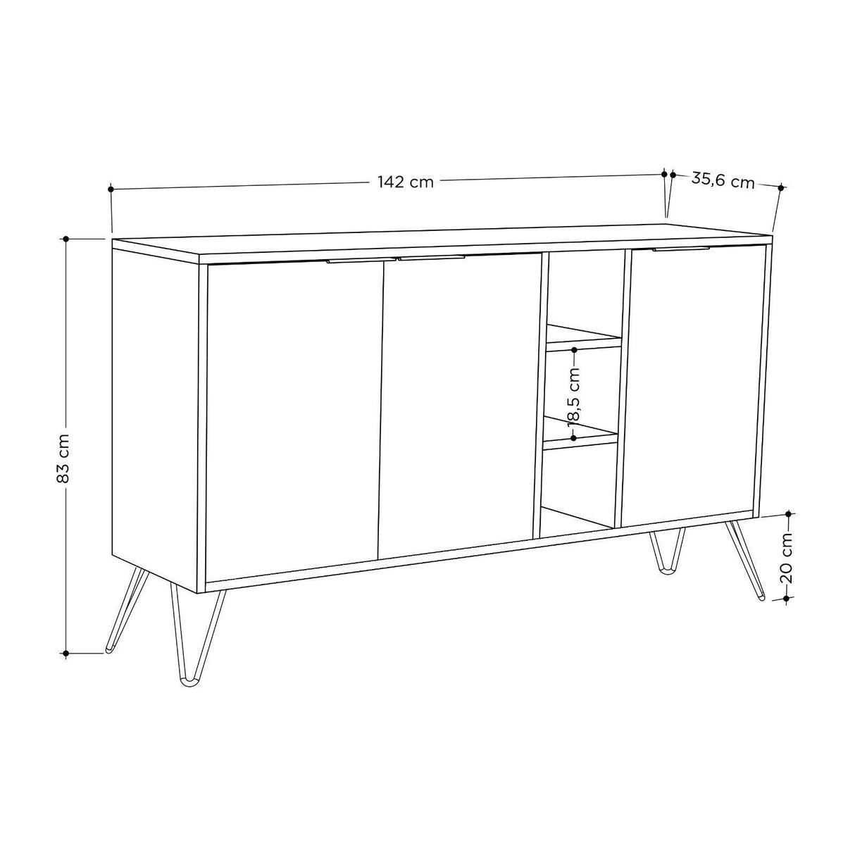 Consola Hakan cu 3 usi si rafturi, Gri, 142 x 83 x 36 cm - Stejar, SKU 855DTE4211
