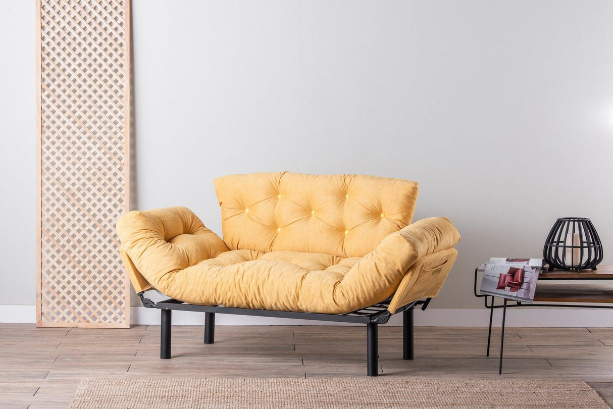 Canapea extensibilă 2 locuri Nitta, Diverse culori, 155x70x85 cm - Muștar | SKU: 859FTN1245 | Canapea extensibilă 2 locuri Nitta, 155x70x85 cm, varianta Muștar, produs pentru amenajarea locuinței, disponibil online în România la CasaMob