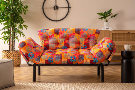 Canapea extensibilă 2 locuri Nitta, Patchwork, Multicolor, 155x70x80 cm