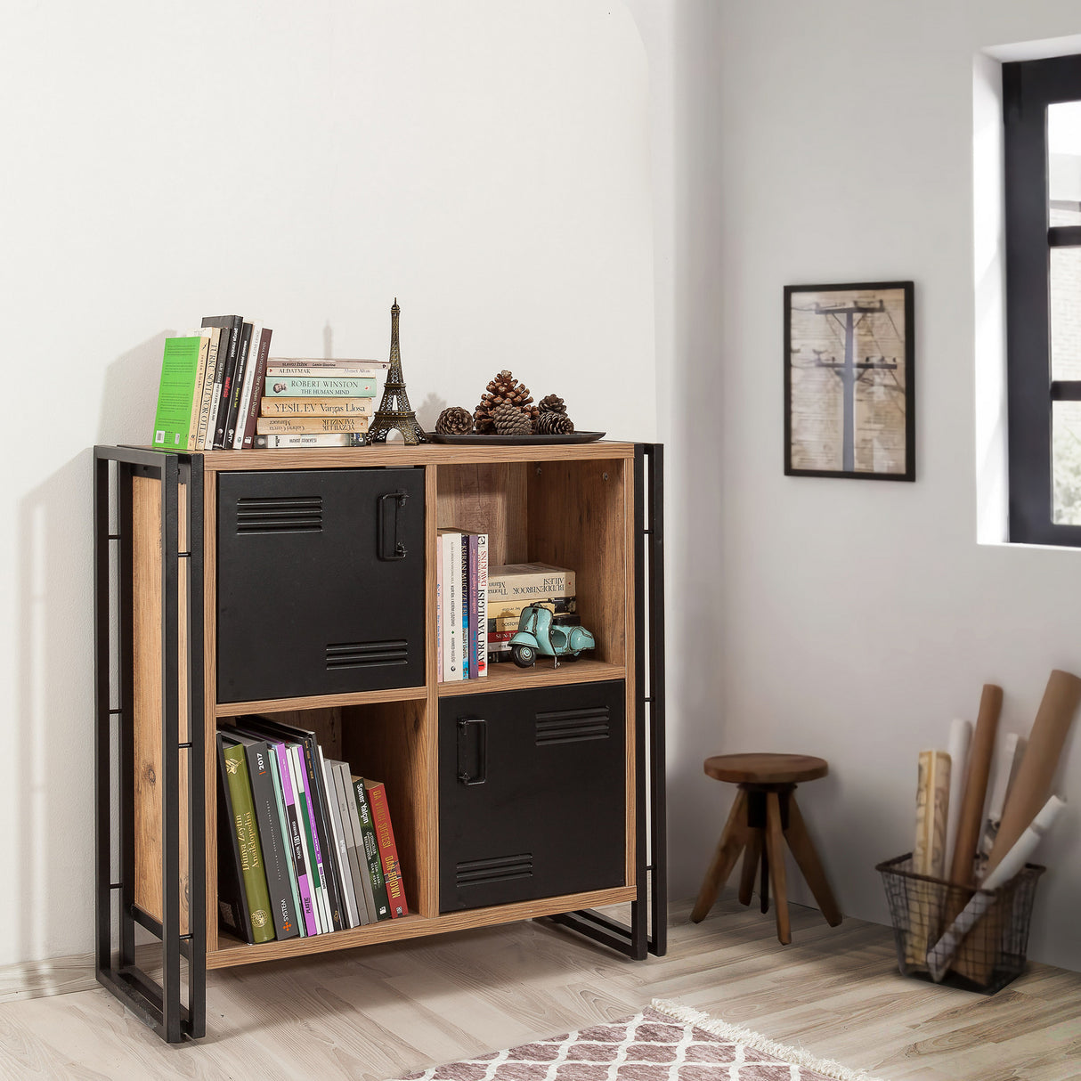 Bibliotecă Cosmo Soft, Pin atlantic - Negru, 89x35x89 cm
