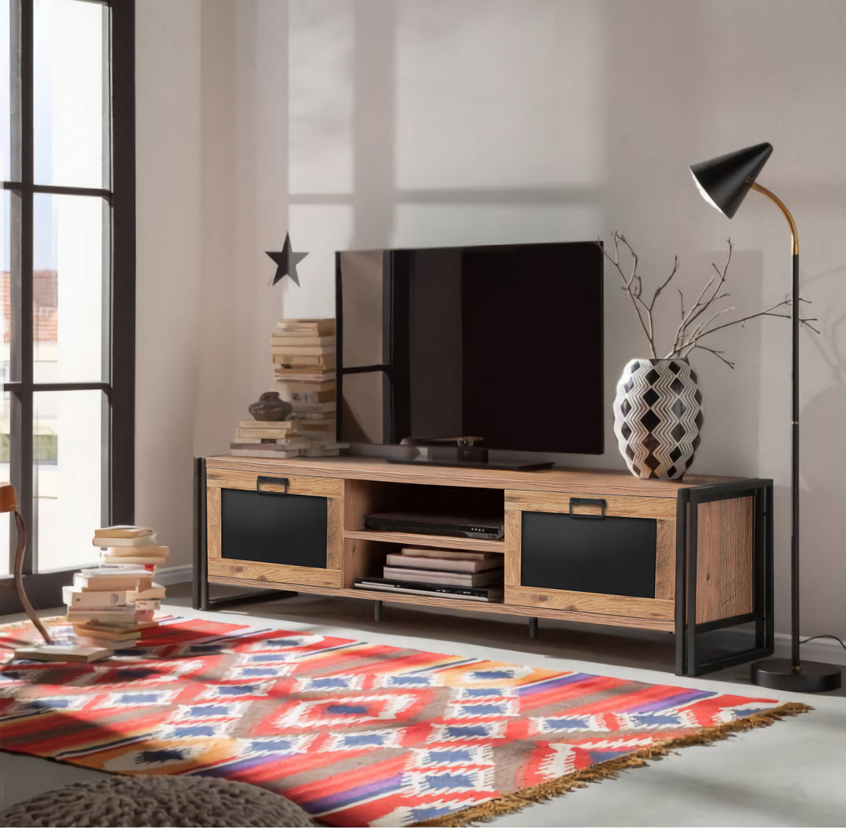 Comodă TV Arcas Norma, Pin atlantic - Negru, 180x45x50 cm