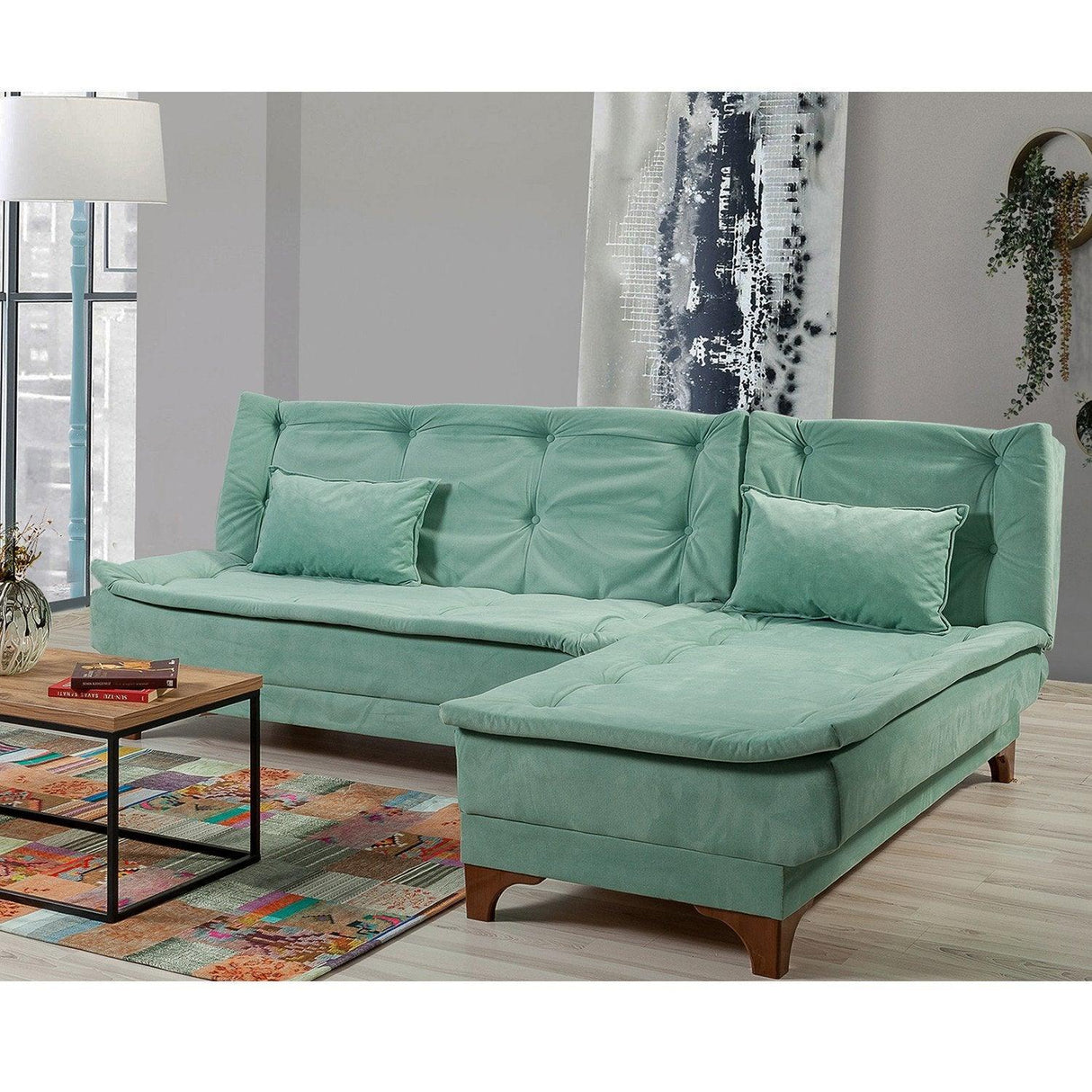Canapea extensibilă de colț Kelebek Dreapta, Diverse culori, 225x160x86 cm - Verde marin | SKU: 867UNQ1416 | Canapea extensibilă de colț Kelebek Dreapta, 225x160x86 cm, varianta Verde marin, produs pentru amenajarea locuinței, disponibil online în România la CasaMob