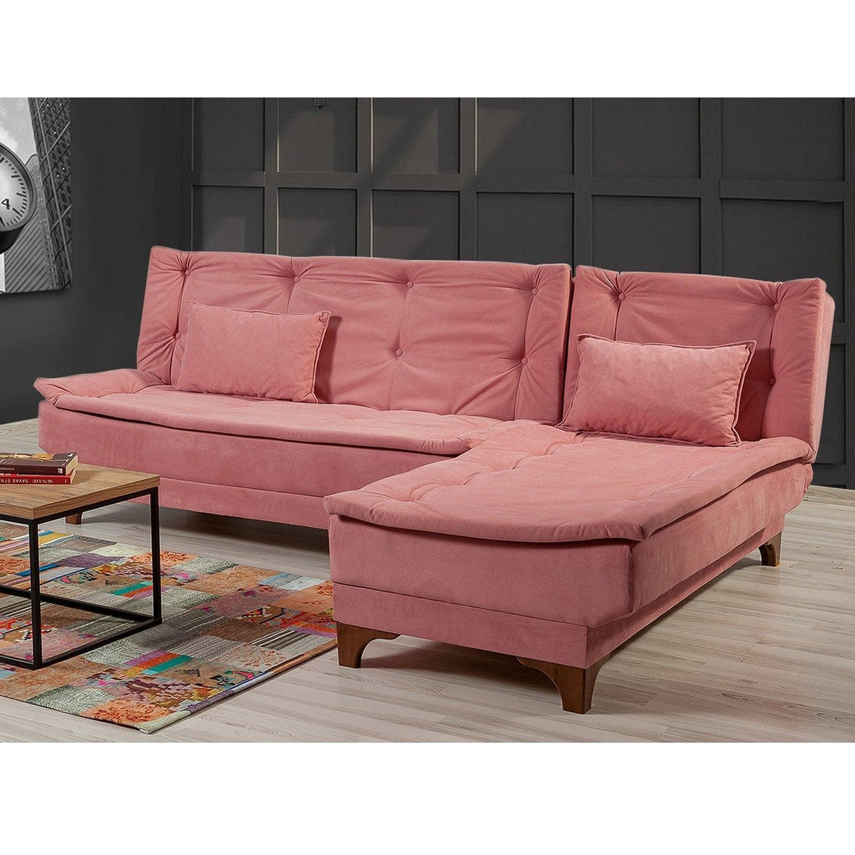 Canapea extensibilă de colț Kelebek Dreapta, Diverse culori, 225x160x86 cm - Roz | SKU: 867UNQ1420 | Canapea extensibilă de colț Kelebek Dreapta, 225x160x86 cm, varianta Roz, produs pentru amenajarea locuinței, disponibil online în România la CasaMob