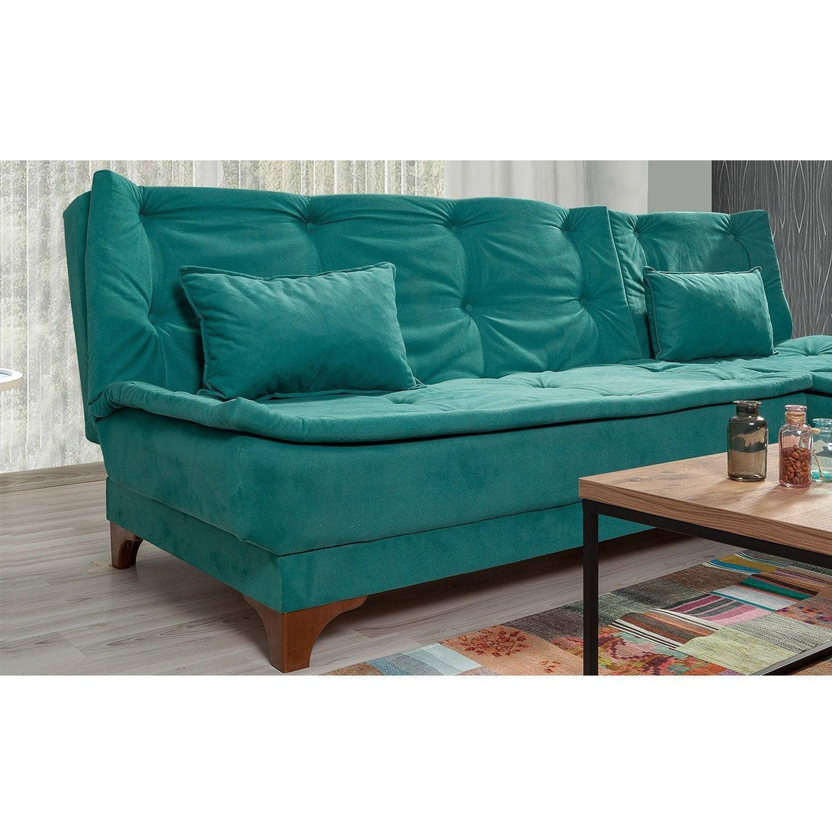 Canapea extensibilă de colț Kelebek Dreapta, Diverse culori, 225x160x86 cm - Verde | SKU: 867UNQ1422 | Canapea extensibilă de colț Kelebek Dreapta, 225x160x86 cm, varianta Verde, produs pentru amenajarea locuinței, disponibil online în România la CasaMob