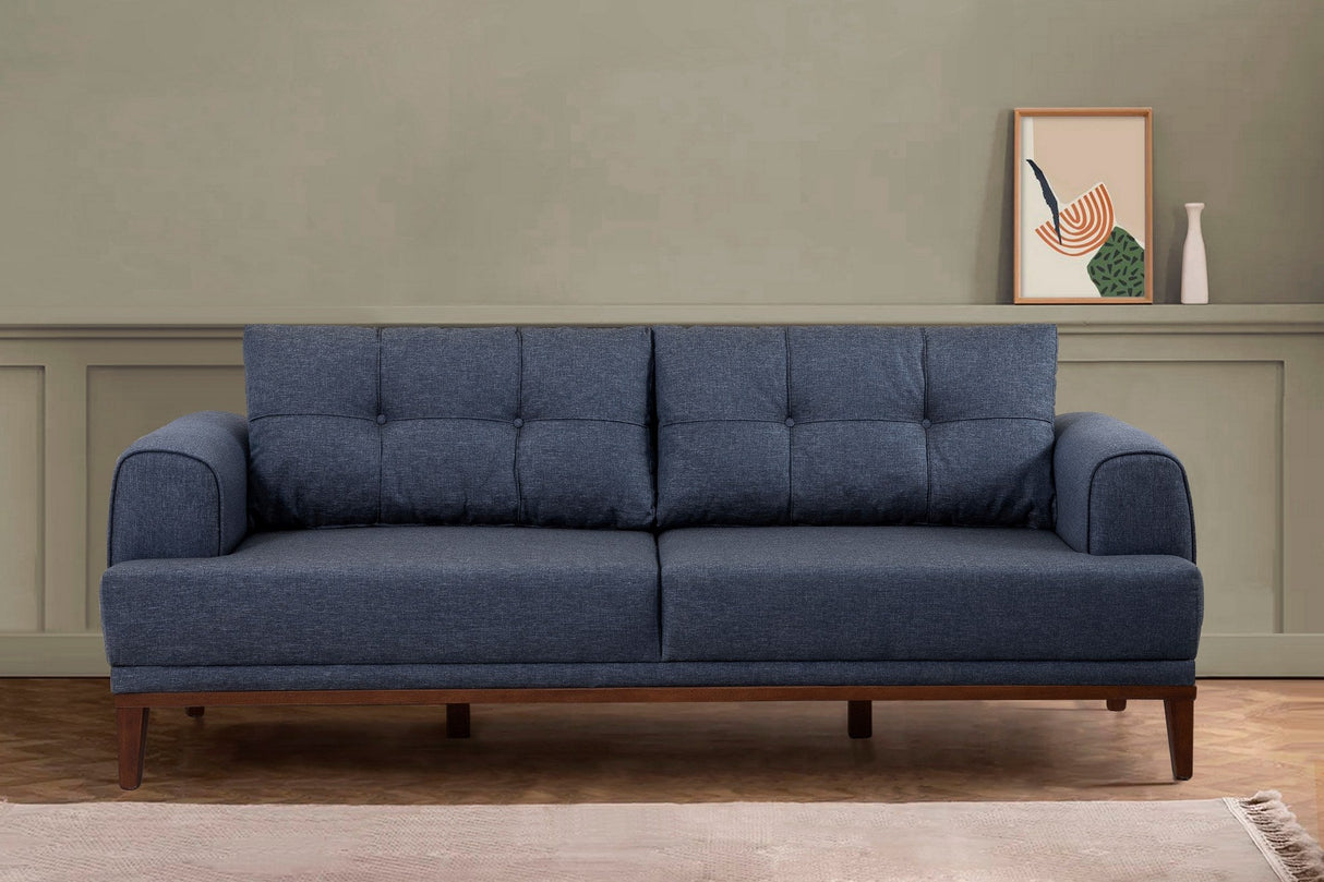 Canapea fixă 3 locuri Vina 3, Diverse culori, 223x94x82 cm - Albastru închis - Nuc | SKU: 867UNQ2210 | Canapea fixă 3 locuri Vina 3, 223x94x82 cm, varianta Albastru închis - Nuc, produs pentru amenajarea locuinței, disponibil online în România la CasaMob