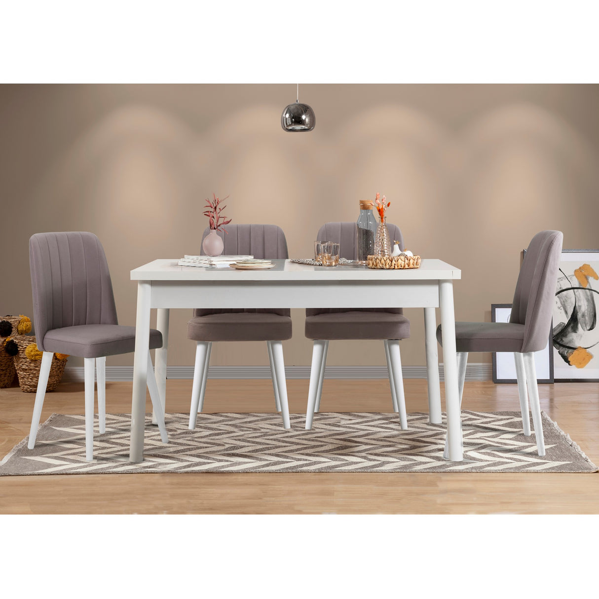 Masă cu scaune 5 bucăți Costa White, Alb - Gri, 120x75x77 cm