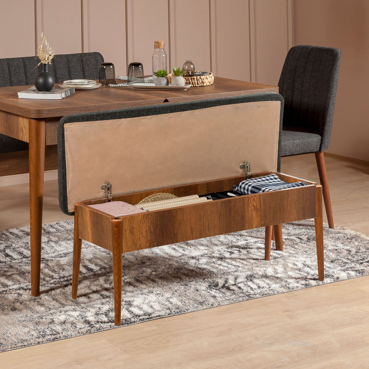 Masă extensibilă cu scaune 4 bucăți Vina 1053, Nuc - Antracit, 130x80x77 cm