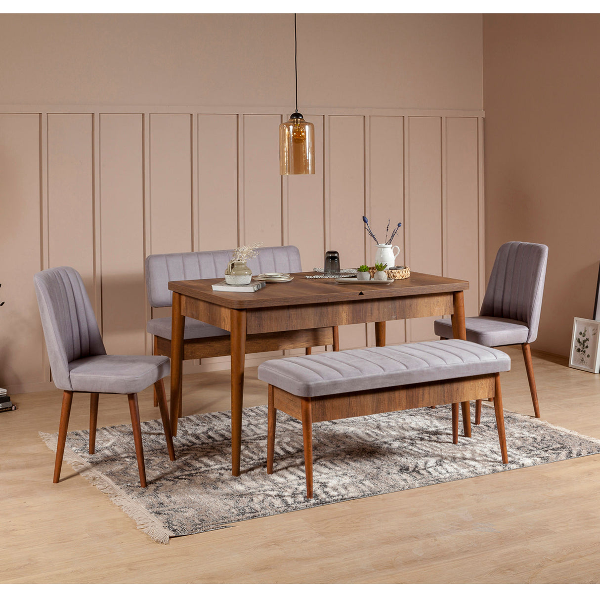 Masă extensibilă cu scaune 5 bucăți Vina Walnut Soho Grey, Nuc - Soho, 130x80x77 cm
