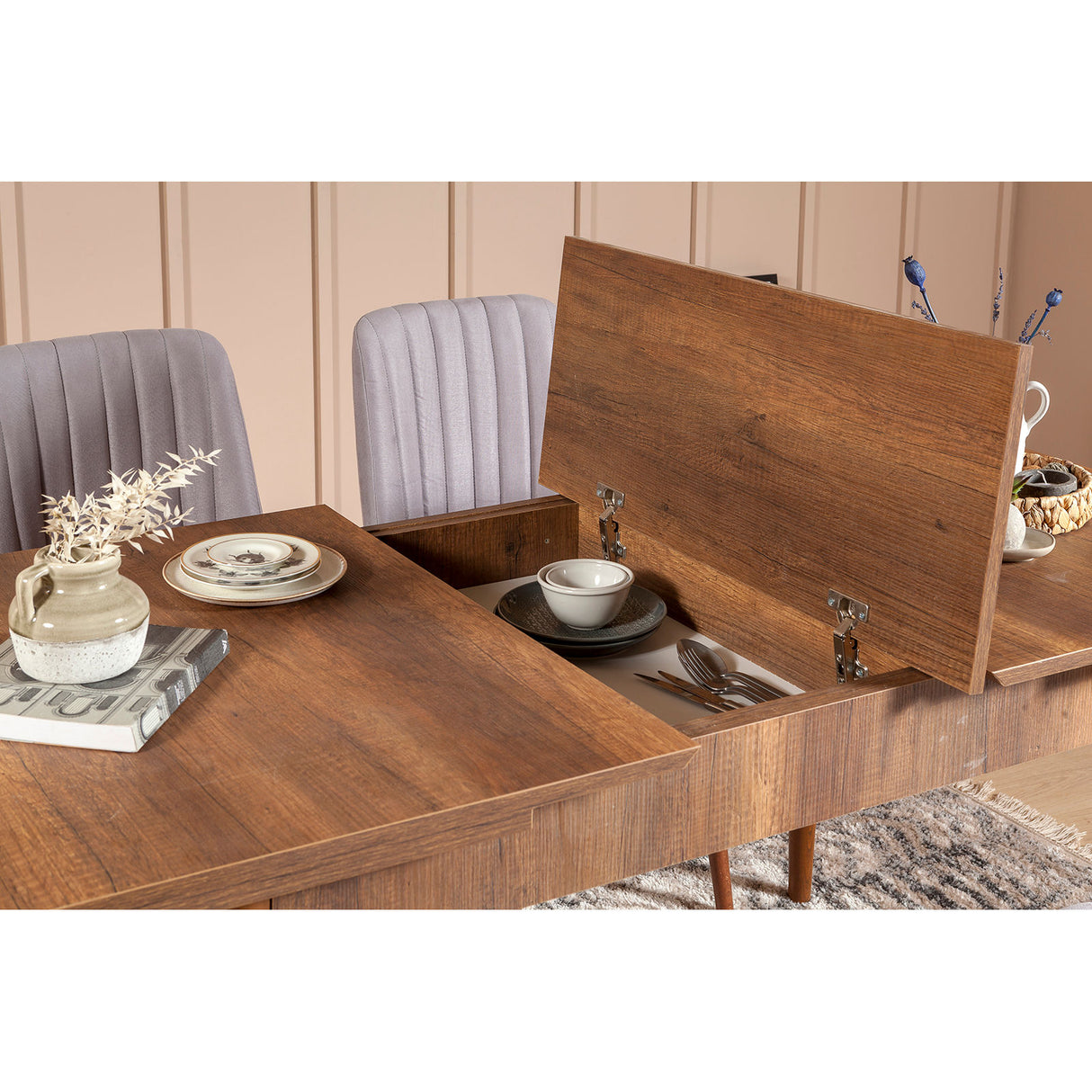 Masă extensibilă cu scaune 5 bucăți Vina Walnut Soho Grey, Nuc - Soho, 130x80x77 cm