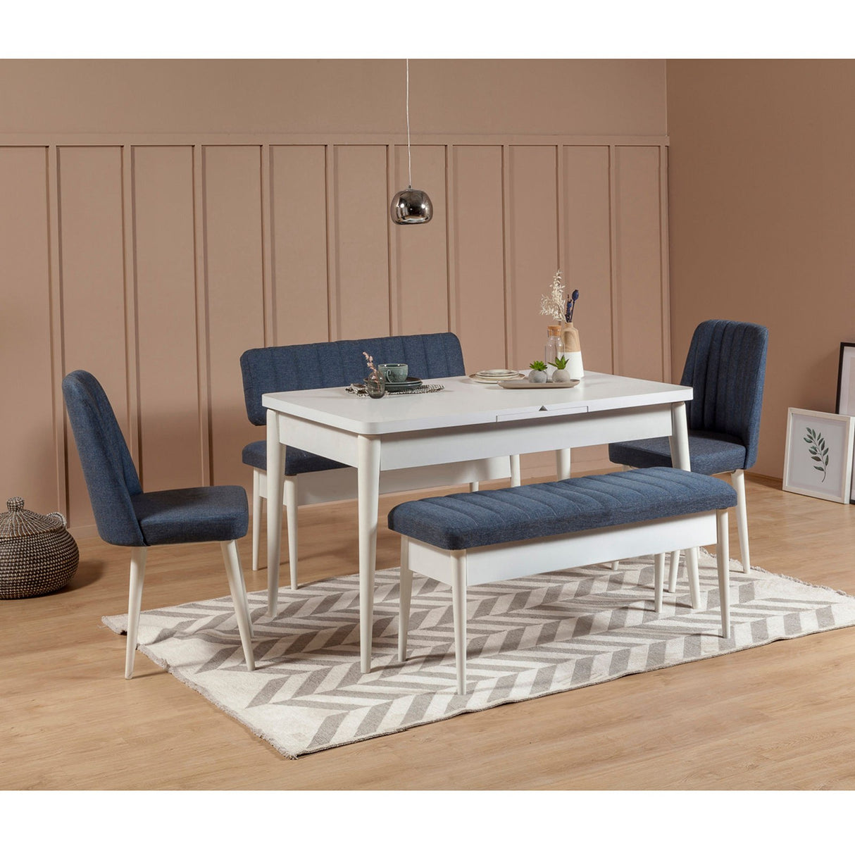 Masă extensibilă cu scaune 5 bucăți Vina White Dark Blue, Alb - Albastru închis, 130x80x77 cm