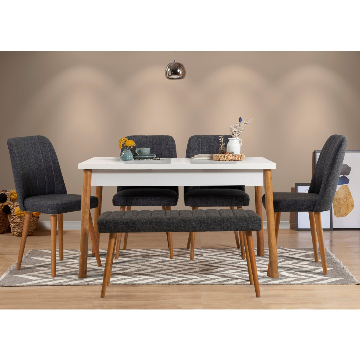Masă cu scaune 6 bucăți Costa 1053 - 2 AB, Pin atlantic - Alb - Antracit, 120x75x77 cm