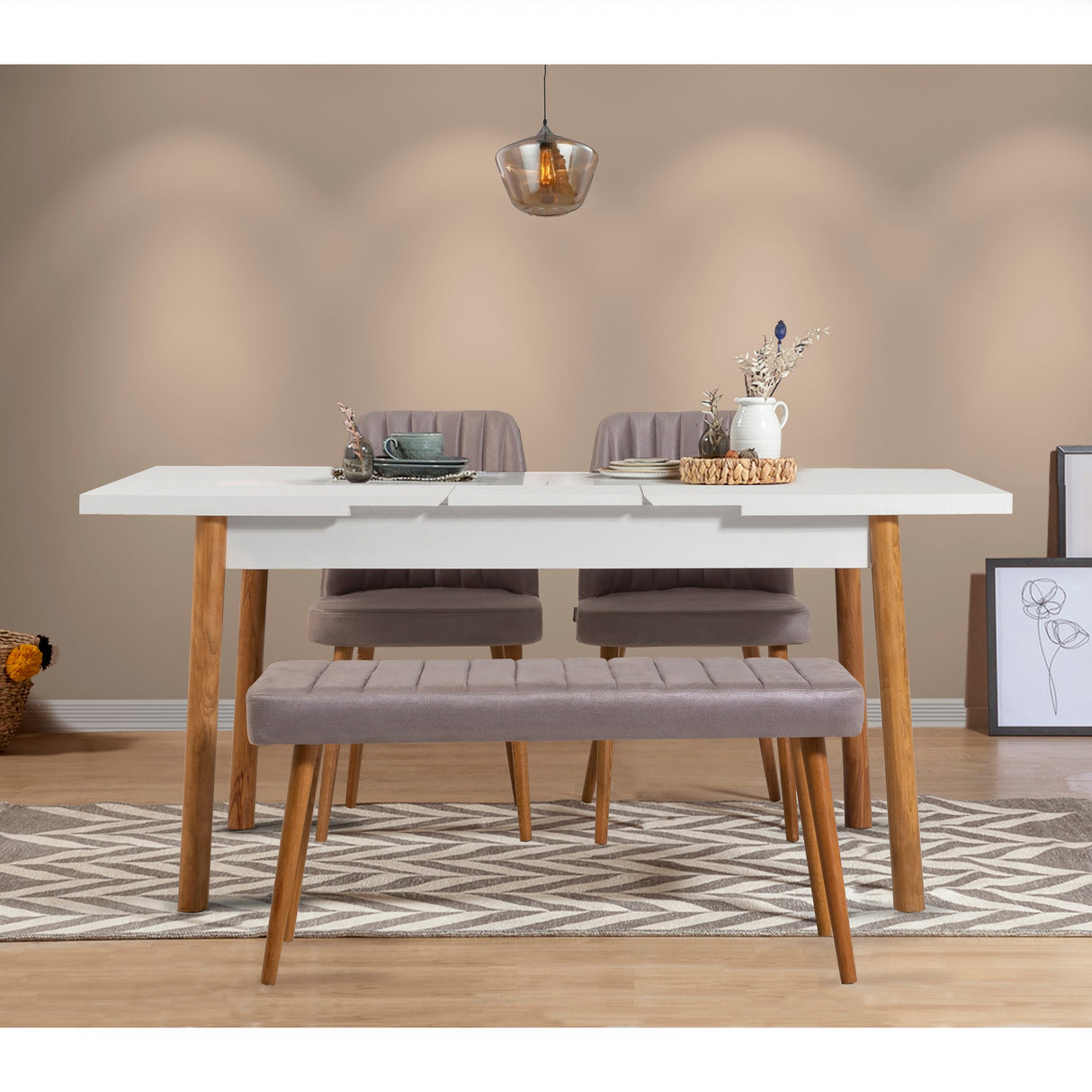 Masă extensibilă cu scaune 4 bucăți Santiago White Atlantic-Soho Grey, Pin atlantic - Alb - Gri, 120x75x77 cm