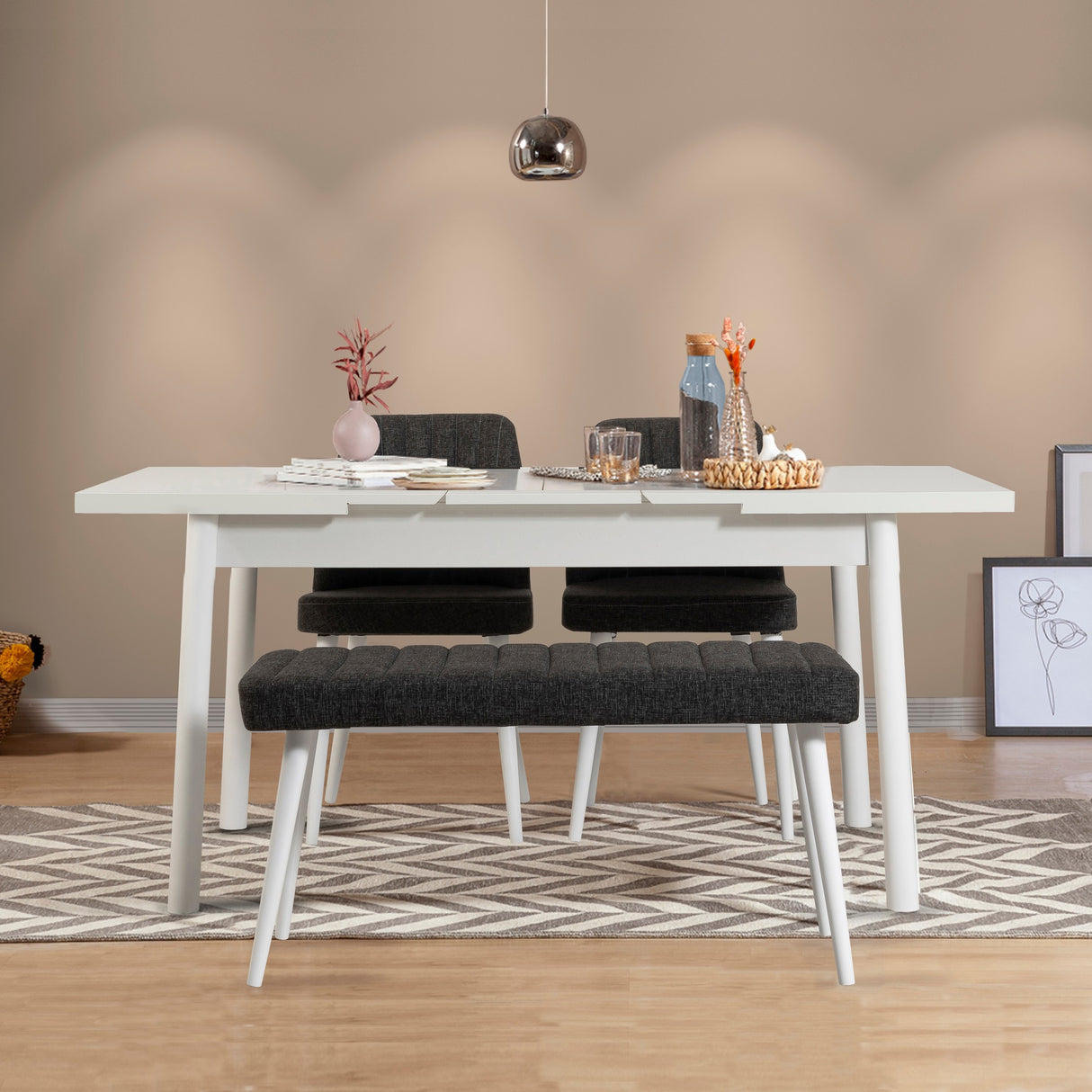 Masă extensibilă cu scaune 4 bucăți Santiago White-Antracite, Alb - Antracit, 120x75x77 cm