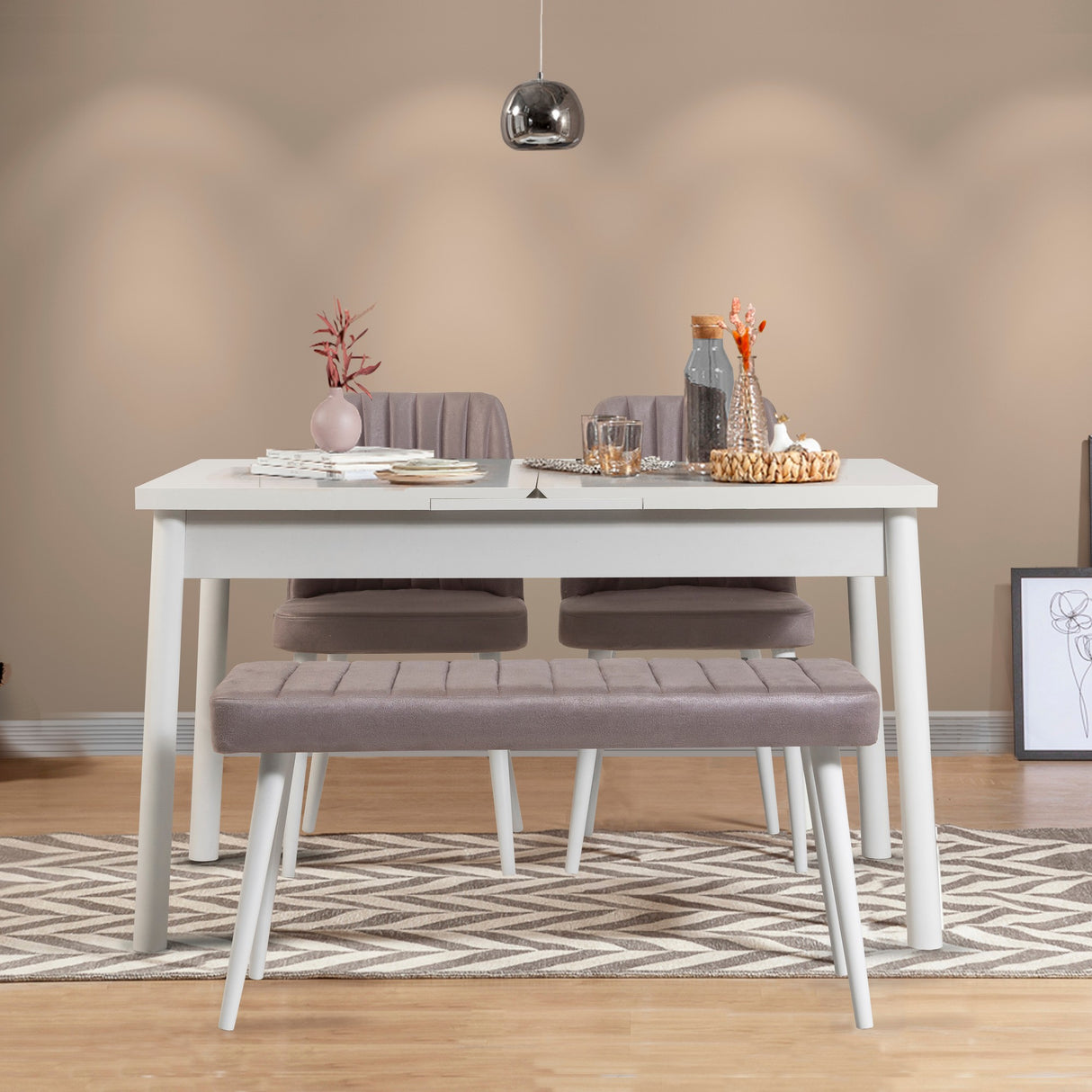 Masă extensibilă cu scaune 4 bucăți Santiago White-Soho Grey, Alb - Gri, 120x75x77 cm