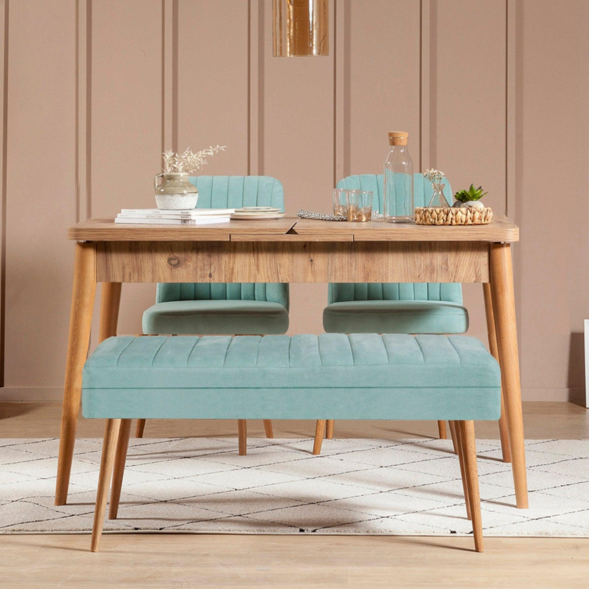 Masă extensibilă cu scaune 4 bucăți Vina 0701 - 3, Diverse culori, 129x80x75 cm - Pin atlantic - Pistachio green | SKU: 869VEL5320 | Masă extensibilă cu scaune 4 bucăți Vina 0701 - 3, 129x80x75 cm, varianta Pin atlantic - Pistachio green, produs pentru amenajarea locuinței, disponibil online în România la CasaMob