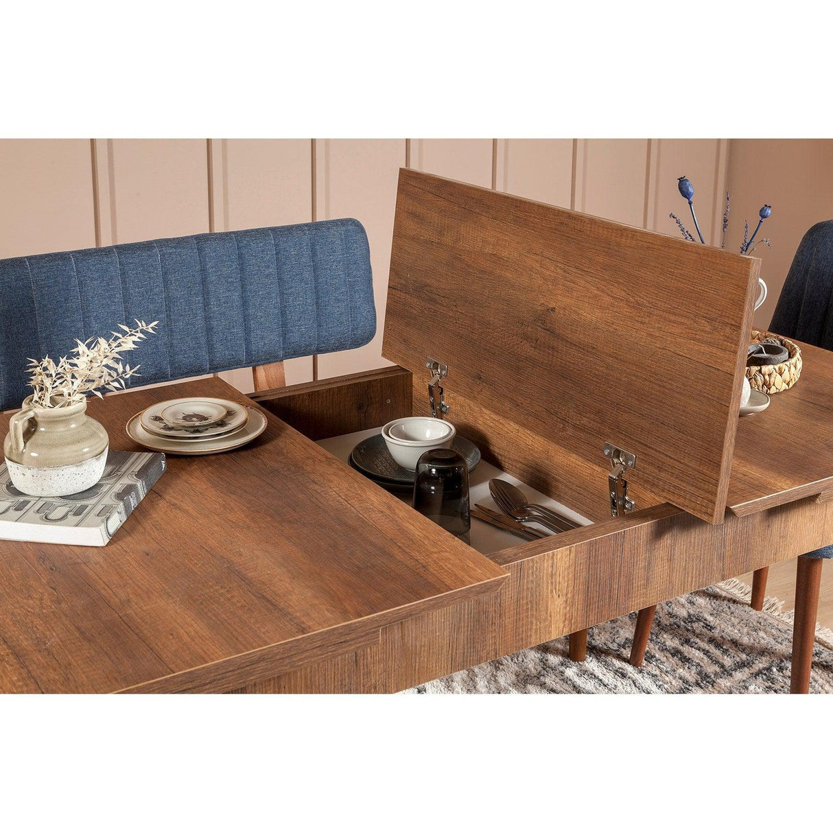 Masă extensibilă cu scaune 5 bucăți Vina 1048 - 4, Diverse culori, 129x80x75 cm - Nuc - Albastru închis | SKU: 869VEL5338 | Masă extensibilă cu scaune 5 bucăți Vina 1048 - 4, 129x80x75 cm, varianta Nuc - Albastru închis, produs pentru amenajarea locuinței, disponibil online în România la CasaMob