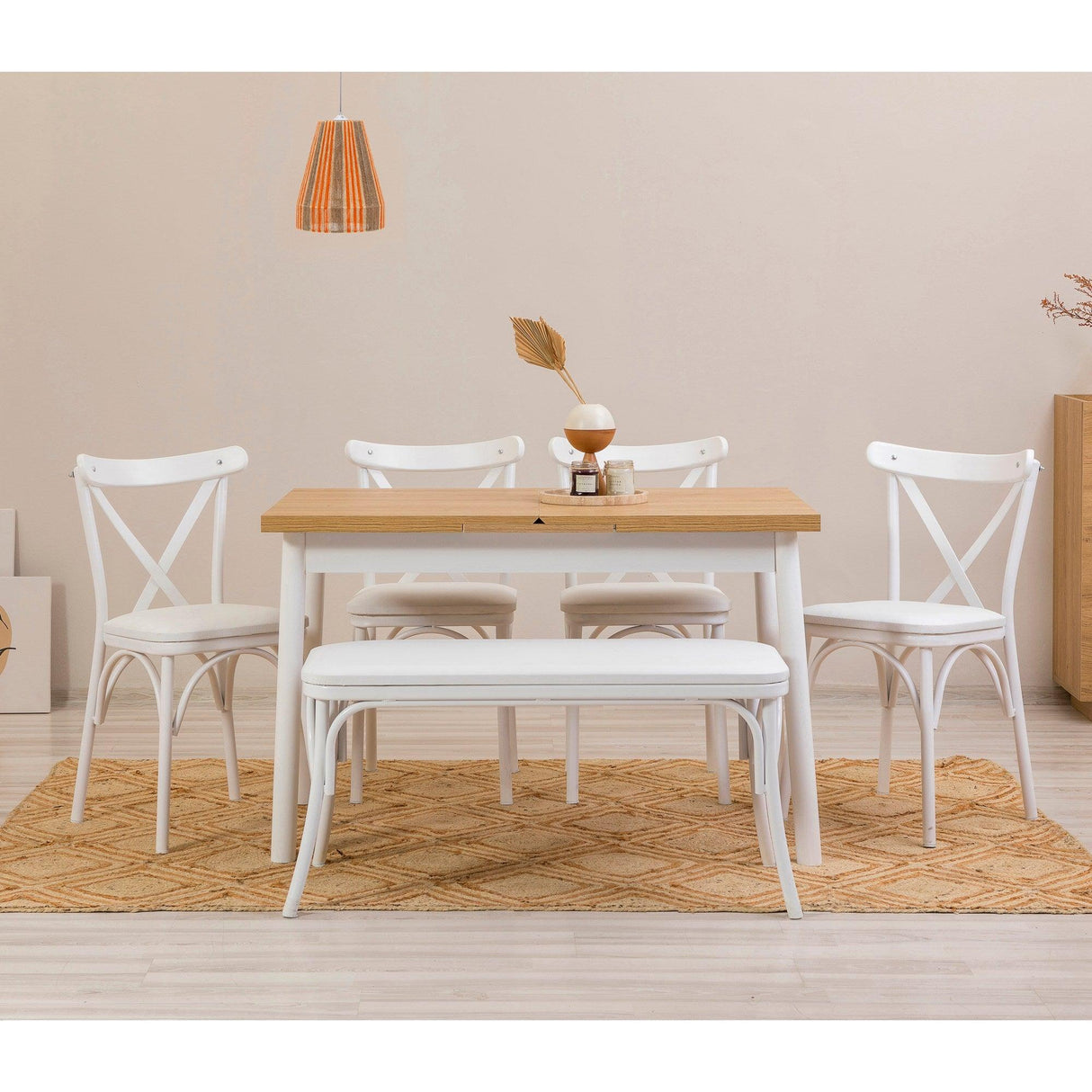 Masă extensibilă cu scaune Oliver Açl.alb Karina, Alb, Diverse configurații, 120x75x77 cm - 6 bucăți | SKU: 869VEL8157 | Masă extensibilă cu scaune Oliver Açl.alb Karina, Alb, 120x75x77 cm, varianta 6 bucăți, produs pentru amenajarea locuinței, disponibil online în România la CasaMob