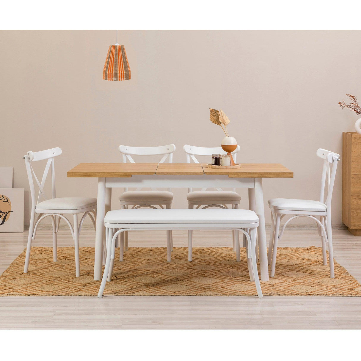 Masă extensibilă cu scaune Oliver Açl.alb Karina, Alb, Diverse configurații, 120x75x77 cm - 6 bucăți | SKU: 869VEL8157 | Masă extensibilă cu scaune Oliver Açl.alb Karina, Alb, 120x75x77 cm, varianta 6 bucăți, produs pentru amenajarea locuinței, disponibil online în România la CasaMob