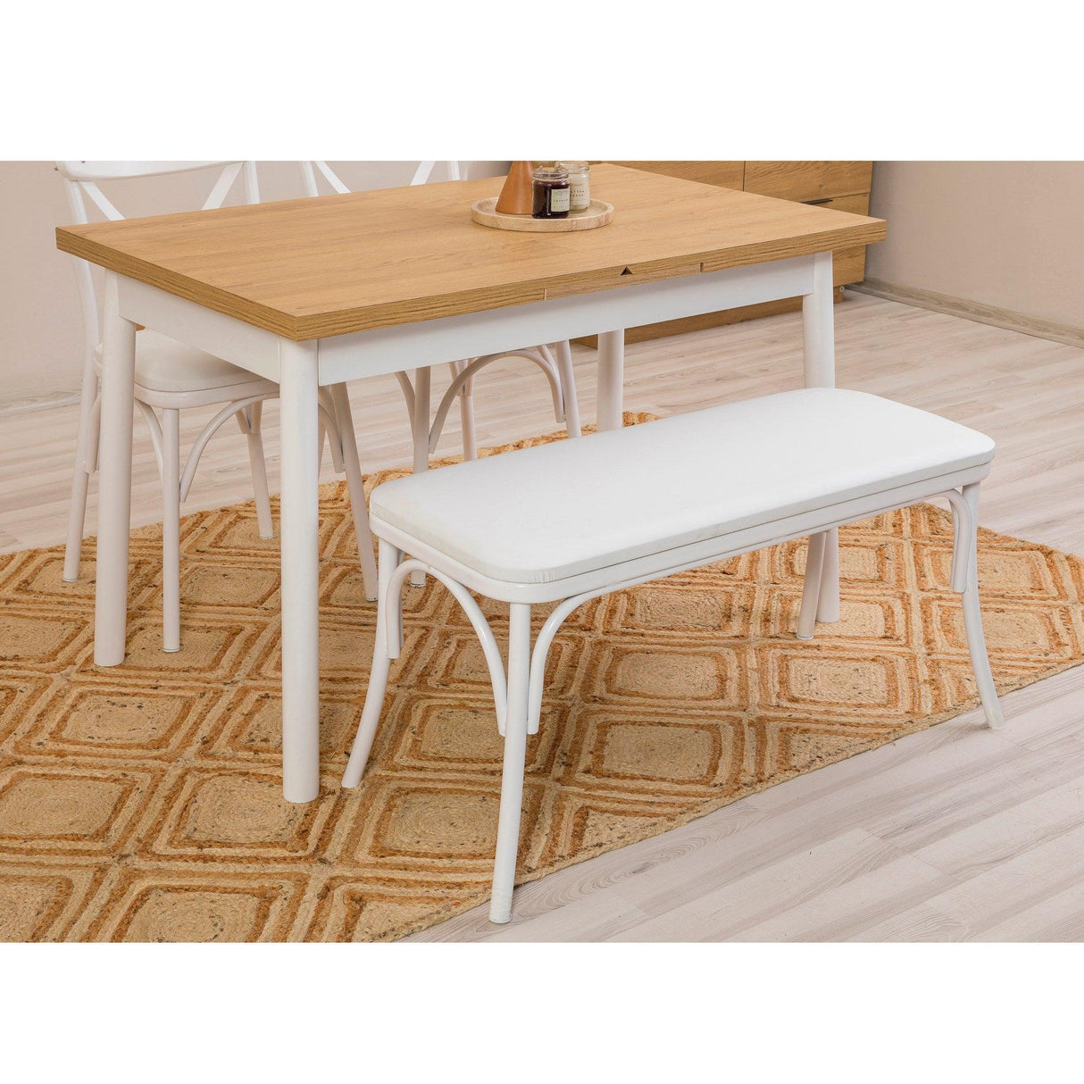 Masă extensibilă cu scaune Oliver Açl.alb Karina, Alb, Diverse configurații, 120x75x77 cm - 6 bucăți | SKU: 869VEL8157 | Masă extensibilă cu scaune Oliver Açl.alb Karina, Alb, 120x75x77 cm, varianta 6 bucăți, produs pentru amenajarea locuinței, disponibil online în România la CasaMob