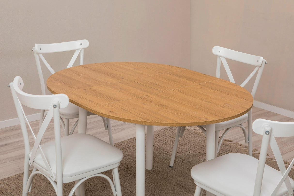 Masă extensibilă cu scaune Oliver, Diverse culori, Diverse configurații, 100x100x75 cm - Alb - Stejar - 5 bucăți | SKU: 869VEL8707 | Masă extensibilă cu scaune Oliver, 100x100x75 cm, varianta Alb - Stejar - 5 bucăți, produs pentru amenajarea locuinței, disponibil online în România la CasaMob