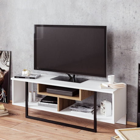 Comodă TV Asal (120) - White, Ud, Black, Alb - Negru - Stejar, 119x35x40 cm