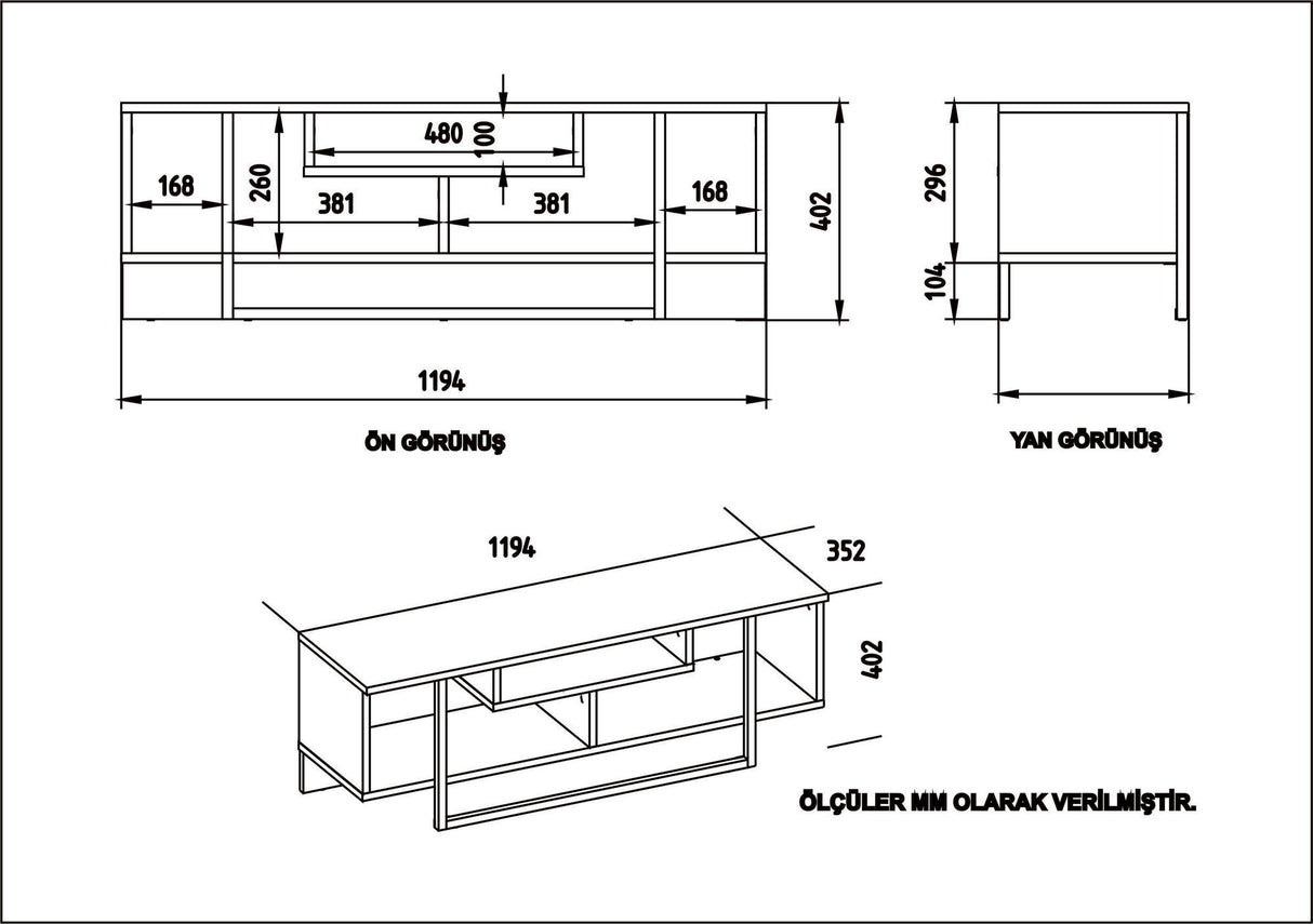 Comodă TV Asal (120) - White, Ud, Black, Alb - Negru - Stejar, 119x35x40 cm