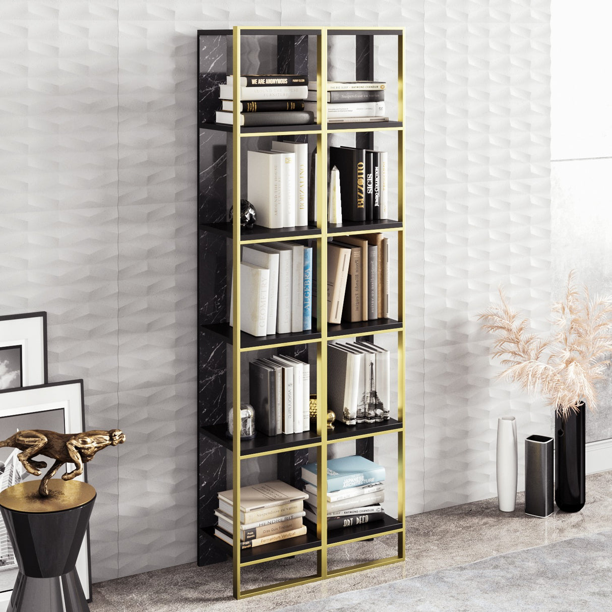 Bibliotecă Polka 2, Auriu - Negru, 32x31x179 cm