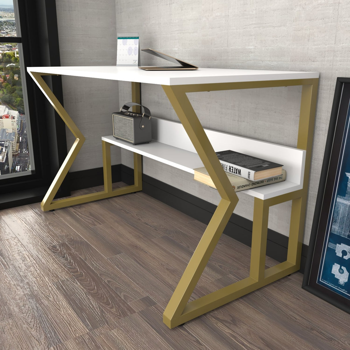 Birou Wake, Alb - Auriu, 120x60x73 cm